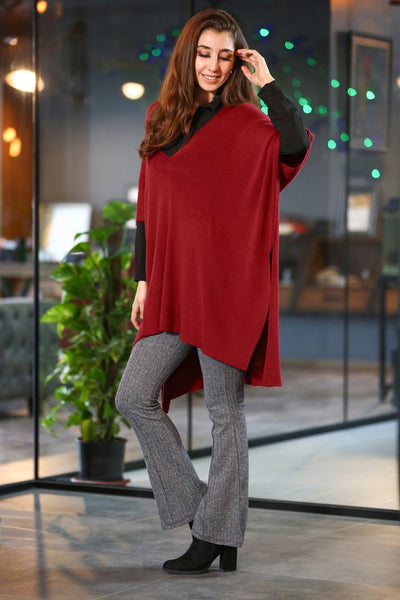 V Neck Red Tricot Poncho