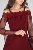 Tulle Detail Claret Red Short Dress